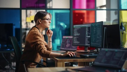 Poster - Female Junior Software Engineer Writes Code on Desktop Computer With Two Monitors and Laptop Aside In Stylish Office. Caucasian Woman Working On Artificial Intelligence Service For Big Tech Company.