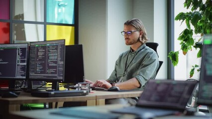 Poster - Focused Caucasian Man Coding On Desktop Computer in Stylish Office Space. Male Software Engineer Developing Innovative Application For Business Customers in Technological Start-up Company.
