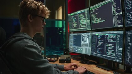 Fototapete - Male Cyber Security Intern Writing Code on Desktop PC With Professional Six Monitors Setup in the Office. Young Caucasian Man Monitors Digital Protection System For an Data Company