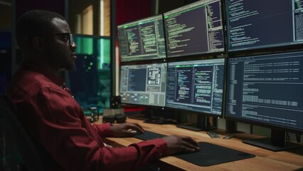 Poster - Black Cyber Security Specialist Coding on Desktop Computer With Six Monitors in Dark Office. African American Male Contractor Monitoring Data Protection System For Ministry Of Defence, Private Sector
