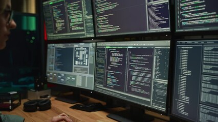 Sticker - Cyber Security Agency: Female Programmer Coding on Desktop Computer With Six Displays in Dark Office. Caucasian Woman Monitors Data Protection System, Monitoring Information on SAAS Servers. Zoom Out