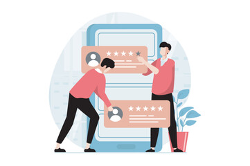 Feedback page concept with people scene in flat design. Men write comments with high star ratings and customer experience using mobile phone. Vector illustration with character situation for web