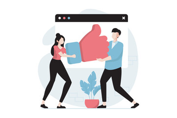 Poster - Feedback page concept with people scene in flat design. Man and woman holding huge like and expressing best customer and user satisfaction. Vector illustration with character situation for web