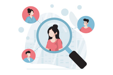 Fototapete - Focus group concept with people scene in flat design. Woman making marketing research and analysis buyers connected with her using social networks. Vector illustration with character situation for web