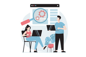 Wall Mural - Focus group concept with people scene in flat design. Woman and man conduct market research, analyze buyers and create advertising to business. Vector illustration with character situation for web