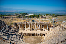 View Of The Pamukkale Amphitheater, The Ruined City Of Hierapolis, Turkey.