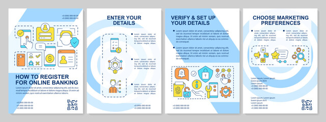 Banking app registration blue brochure template. Digital wallet. Leaflet design with linear icons. Editable 4 vector layouts for presentation, annual reports. Arial, Myriad Pro-Regular fonts used