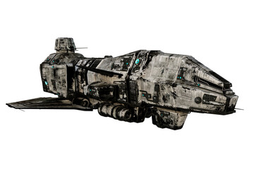 Wall Mural - 3D rendering of a dirty old sci-fi space ship isolated on transparent background.and seen from front left.