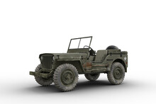 Front Side View 3D Illustration Of A Vintage Green Military Jeep Isolated On Transparent Background.