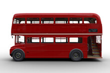 Side View 3D Rendering Of A Vintage Red Double Decker London Bus Isolated On Transparent Background.