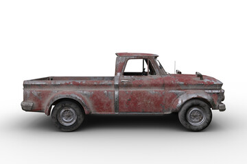 Side view 3D rendering of a rusty old vintage red pickup truck isolated on transparent background.