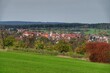 Fernblick auf Neuhausen im Enzkreis mit Wiesen und Obstbäumen im Vordergrund und Wald am Horizont