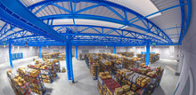 Interior Of A Logistic Warehouse With Fisheye View From Above.