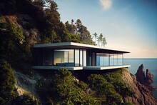 Modern House On The Cliff, Beach, Beautiful Forest