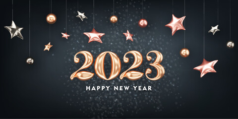 Wall Mural - Happy New Year Banner with 2023 Numbers with christmas ornaments 3d design Background. Vector illustration