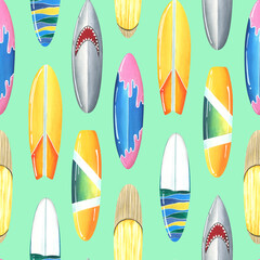 Different, bright surfboards, colorful. Watercolor illustration. Seamless pattern on turquoise background from the SURFING collection. For decoration and design of summer, beach, sea.