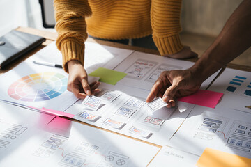 ux Graphic designer creative sketch planning application process development prototype wireframe for web mobile phone . User experience concept.