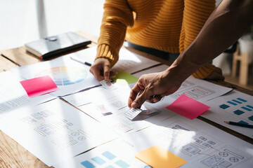 ux Graphic designer creative sketch planning application process development prototype wireframe for web mobile phone . User experience concept.