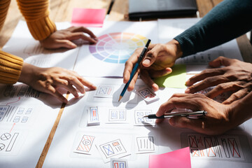 ux Graphic designer creative sketch planning application process development prototype wireframe for web mobile phone . User experience concept.