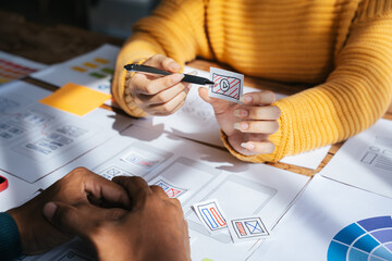 ux Graphic designer creative sketch planning application process development prototype wireframe for web mobile phone . User experience concept.