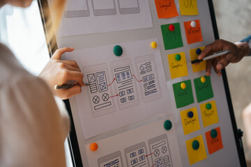 ux Graphic designer creative sketch planning application process development prototype wireframe for web mobile phone . User experience concept.