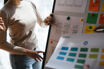 ux Graphic designer creative sketch planning application process development prototype wireframe for web mobile phone . User experience concept.