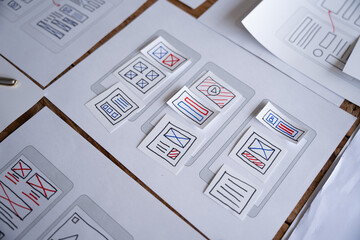 ux Graphic designer creative sketch planning application process development prototype wireframe for web mobile phone . User experience concept.