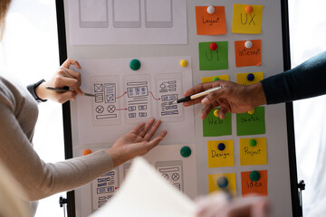 ux Graphic designer creative sketch planning application process development prototype wireframe for web mobile phone . User experience concept.