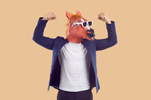 Eccentric Man In Funny Weird Costume Showing His Strong Arms. Male Model Wearing Business Suit, Bizarre Fancy Dress Masquerade Horse Face Mask And Sunglasses Pretends To Be Strong And Flexes His Arms