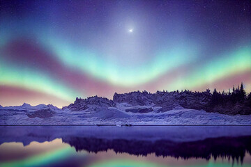 Wall Mural - aurora borealis on the norway. green northern lights above mountains. night sky with polar lights. n