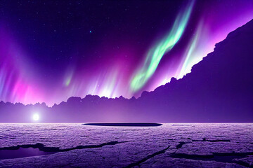 Wall Mural - aurora borealis on the norway. green northern lights above mountains. night sky with polar lights. n