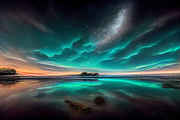 Wall Mural - aurora borealis on the norway. green northern lights above mountains. night sky with polar lights. n