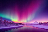 Aurora borealis on the Norway. Green northern lights above mountains. Night sky with polar lights. Night winter landscape with aurora and reflection on the water surface. Natural back