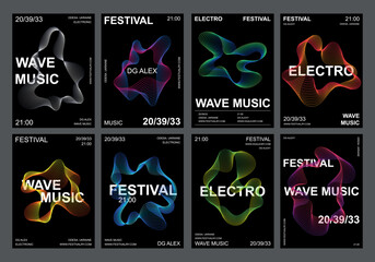 Wall Mural - Set 8 abstract music posters, line pattern vector style, modern black background design, trending gradient, sound amplitude, dynamic shape. Minimalist print template, banner cover flyer, festival club