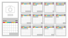 Calendar 2023 Colorful Design, Set Of 12 Vector Wall Planner Calendar Pages On Gray Background. Week Starts On Sunday.