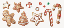 Set Of Christmas Decorations. Collection Of Different Gingerbread Cookies. Watercolor Illustration Of Hand Painted Christmas Cookies: Man, Tree,stars, Candy. 