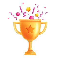 Wall Mural - 3D golden trophy cup, vector winner award icon, game UI prize, confetti stars congratulation clipart. Champion victory goblet, first place reward, ranking celebration achievement. Competition 3D cup