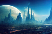 Sci Fi City. Landscape Future With Skyscrapers. Concept Art