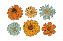 Retro Groovy Flower Set. Botanical Vintage Collection. Design For Social Media, Packaging, Print On T-Shirts, Cards. Floral Cliparts Inspired By 70s Groovy Hippy. Doodle Vector Illustration Isolated.