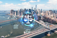 Aerial Panoramic City View Of Lower Manhattan. Brooklyn And Manhattan Bridges Over East River, New York, USA. Glowing Hologram Legal Icons. The Concept Of Law, Order, Regulations And Digital Justice