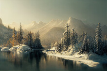 Sunrise Over The Lake, Winter Landscape In The Mountains
