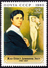 Postage stamp 'Self-portrait' printed in USSR. Series: '200 years since the birth of J.A.D. Ingres' design by G. Pikunov, 1980