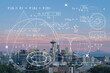 Seattle skyline panorama from Kerry Park. Skyscrapers of financial downtown at sunset, Washington, USA. Technologies and education concept. Academic research, top ranking university, hologram