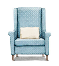Watercolor Vintage Blue Cozy Armchair With Pattern And Pillow Isolated On White Background. Hand Drawn Illustration Sketch