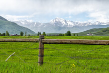 Crested Butte, Colorado Farm Countryside View Of Wooden Wire Fence By Farmland Field And Yellow Flowers Growing In Summer On Cloudy Day With Green Grass And Mountains In Background