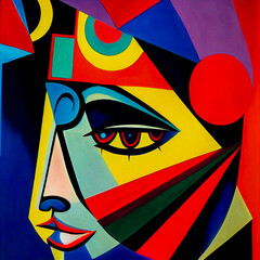 Abstract painting in the style of cubism, female portrait. A young woman in vibrant colors on a square canvas.