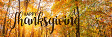 Happy Thanksgiving Web Banner, Panorama Of Trees With Sun In A Forest In Autumn