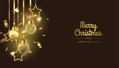 Happy New Year and Merry Christmas. Background with realistic holiday ball. White and gold christmas balls,shiny confetti and gold snowflake