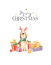 Christmas Greeting Card With Watercolor Illustrations Of Dog, Cat And Presents. Hand Drawing Illustrations On The White Background. Merry Christmas And Happy New Year Card.