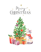 Christmas Greeting Card With Watercolor Illustrations Of Christmas Tree, Cat And Presents On The White Background. Hand Drawing Illustrations. Merry Christmas And Happy New Year Card.